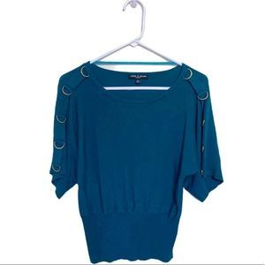 Cable & Gauge Top Dressy Teal Gold Short Sleeve Petite Medium